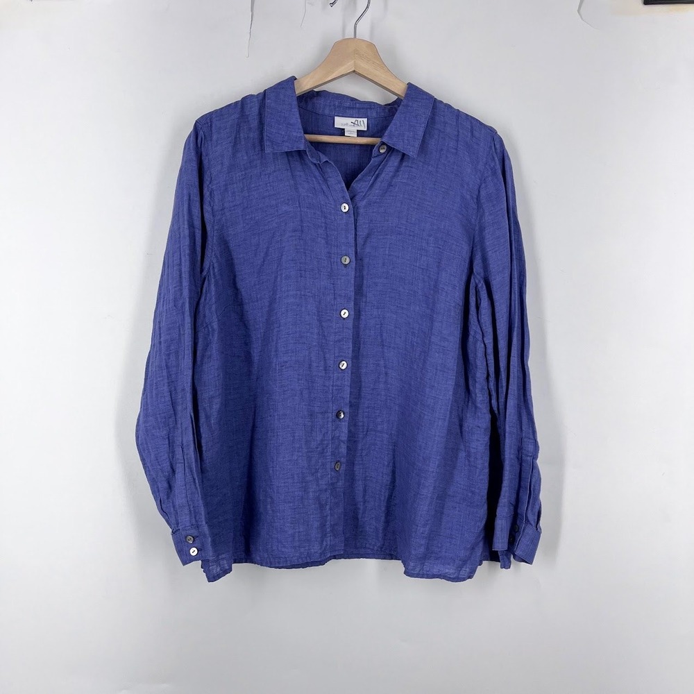 J. Jill Love Linen Blue Button Front Shirt Womens Large Petite L P 100% Linen